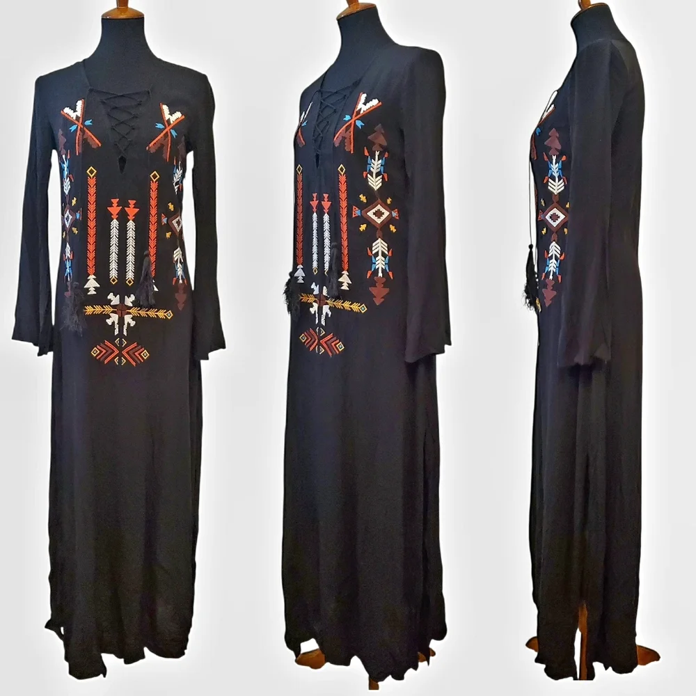 Embroidered Black Maxi Dress w/ Side Slits Size S Native American Boho Nasty Gal - Picture 2 of 12
